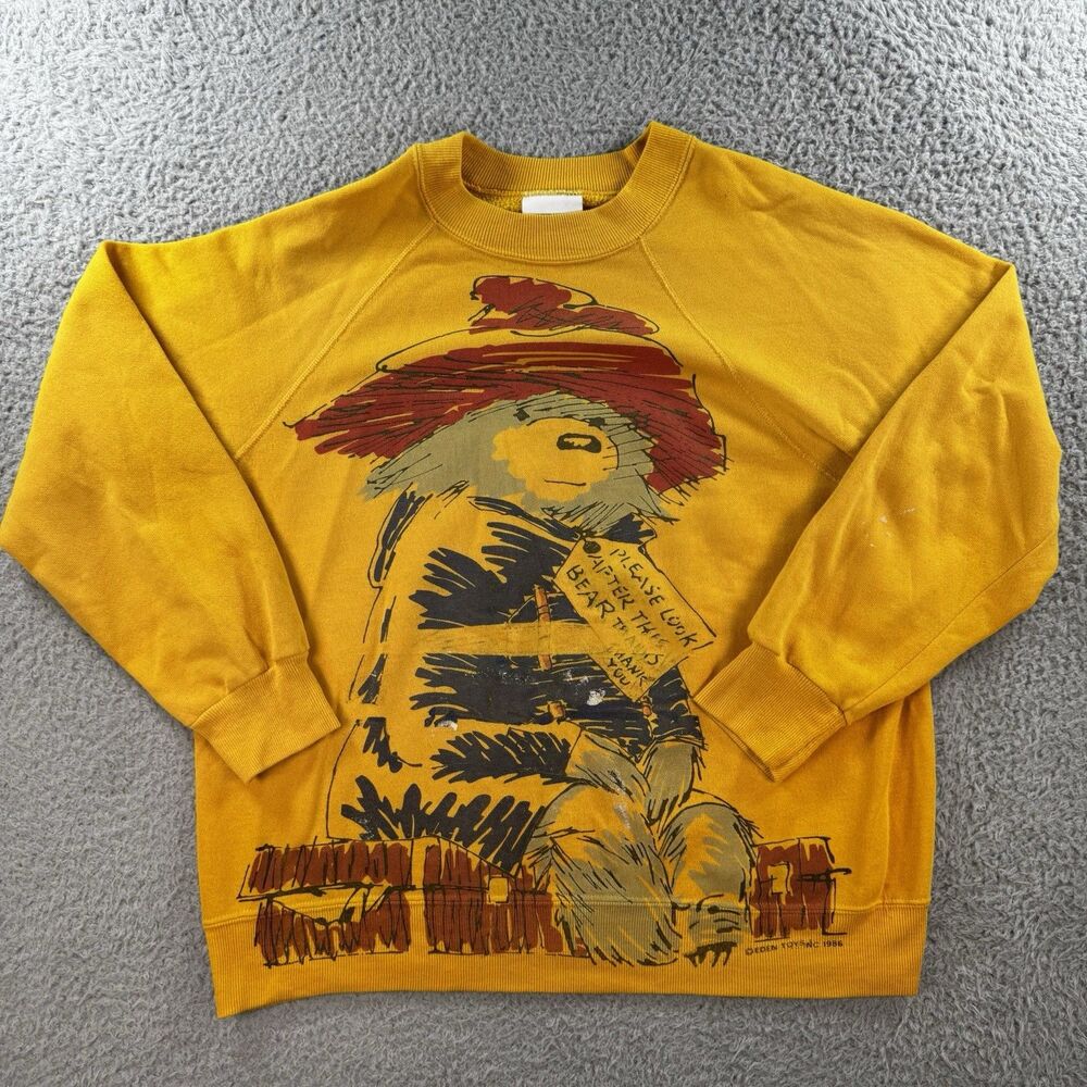 Vintage Paddington Bear Crewneck Sweatshirt Unisex Size Large Yellow AOP 80s